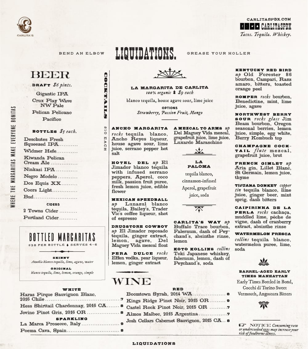 Carlita's menu design liquidations 