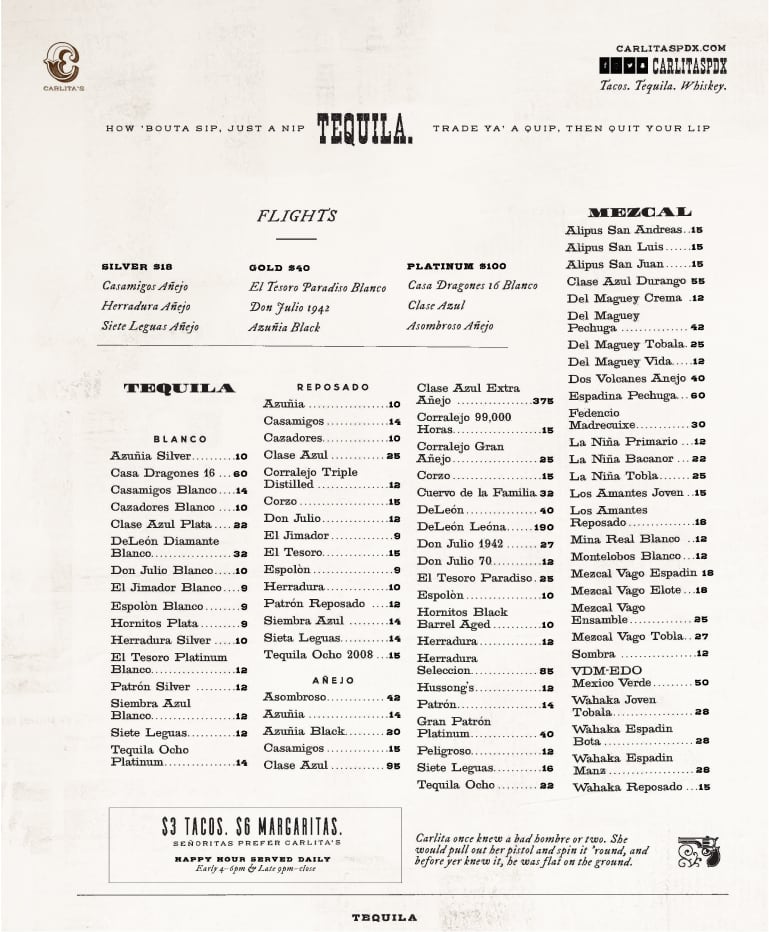 Carlita's menu design tequila