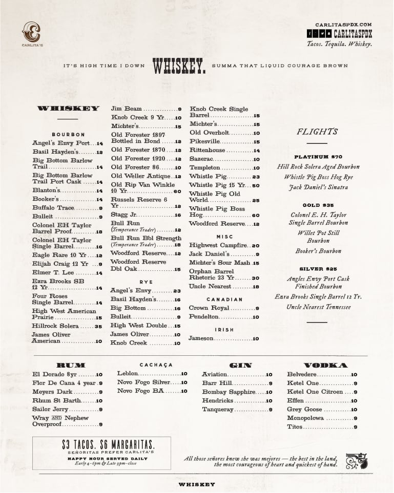 Carlita's menu design whiskey